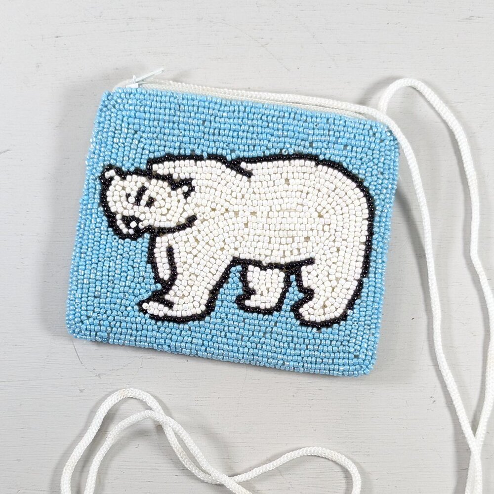 Handmade beaded Polar Bear Coin Purse, Bearland Express beaded mini purse